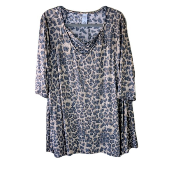 Women’s Leopard Print Tunic Top 1X, Stretchy A-Line Swing Blouse Made In USA - Picture 1 of 6